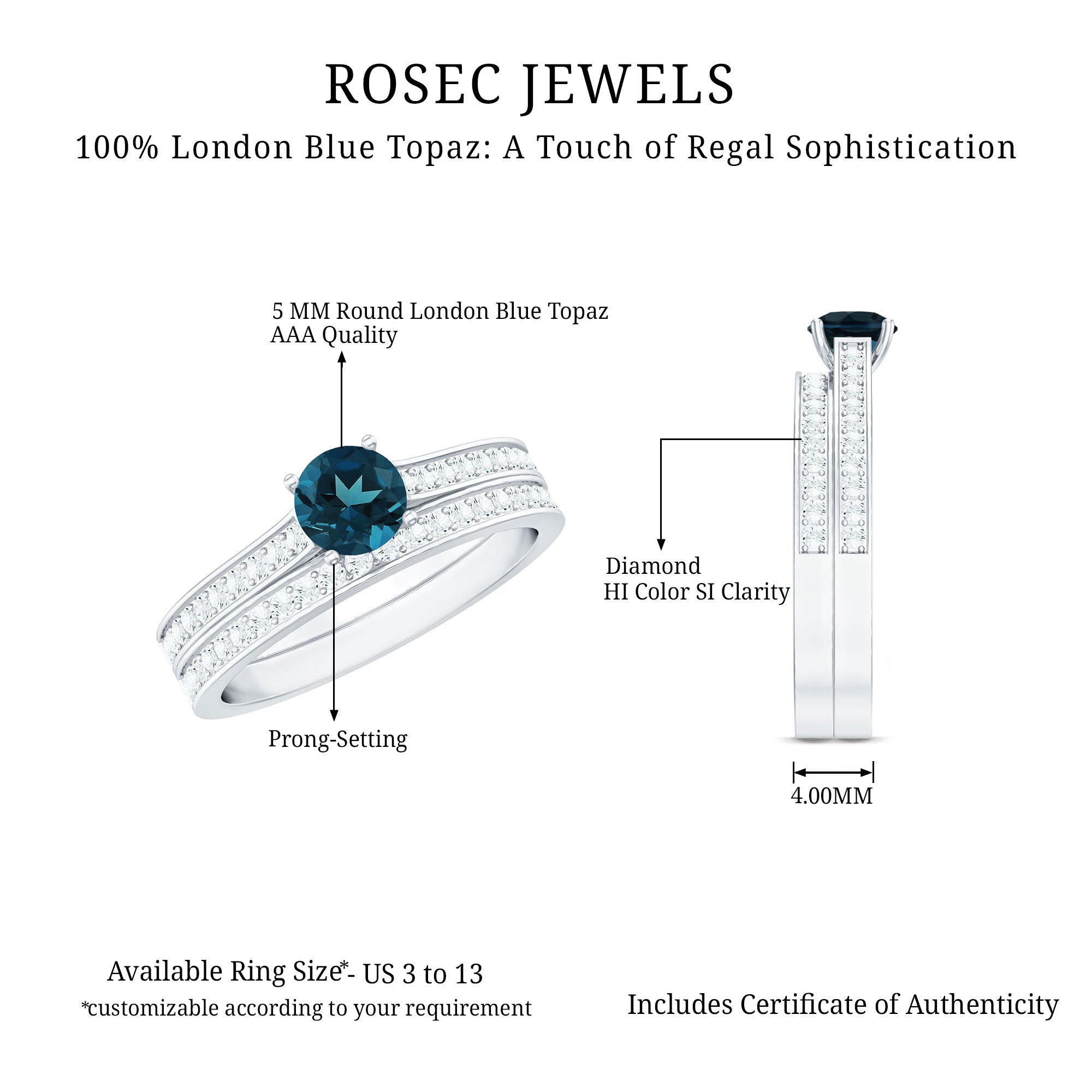 5mm London Blue Topaz Classic Engagement Ring with Diamond Wedding band