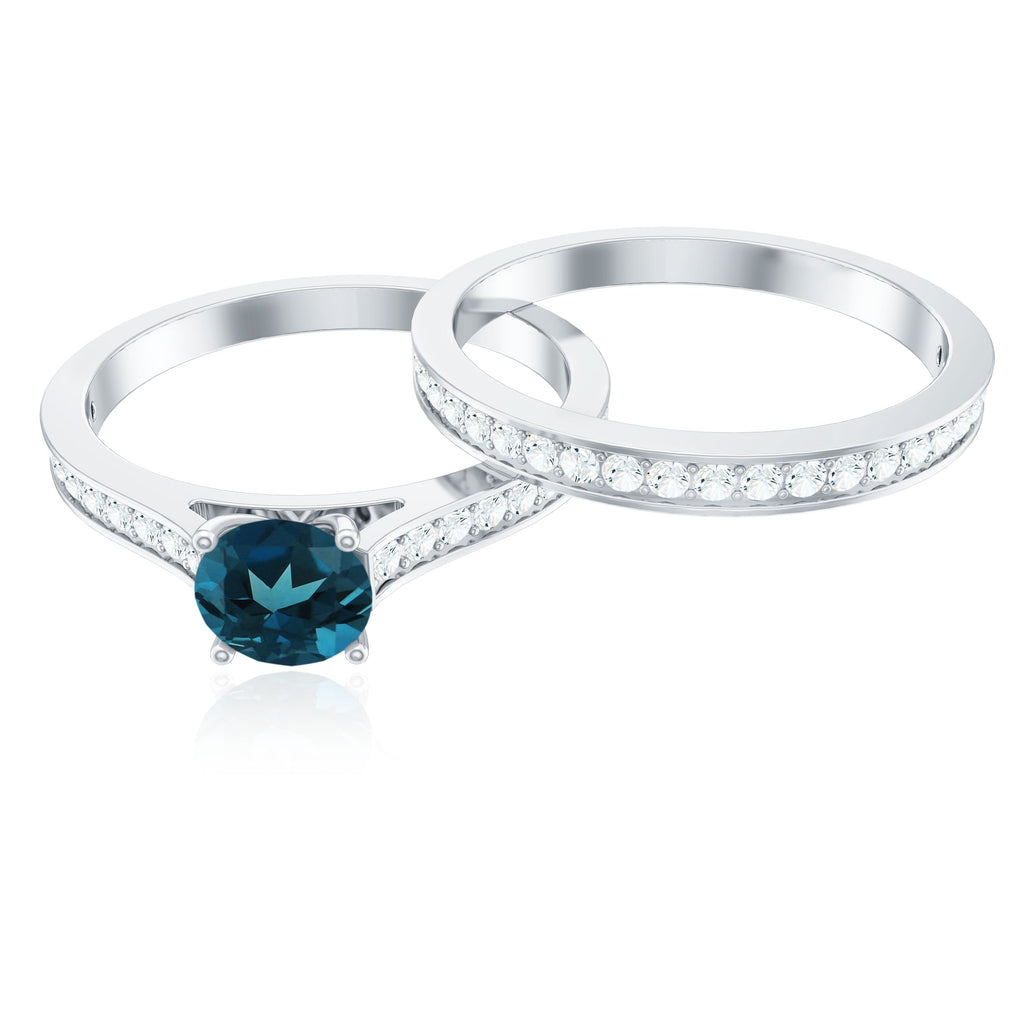 5mm London Blue Topaz Classic Engagement Ring with Diamond Wedding band