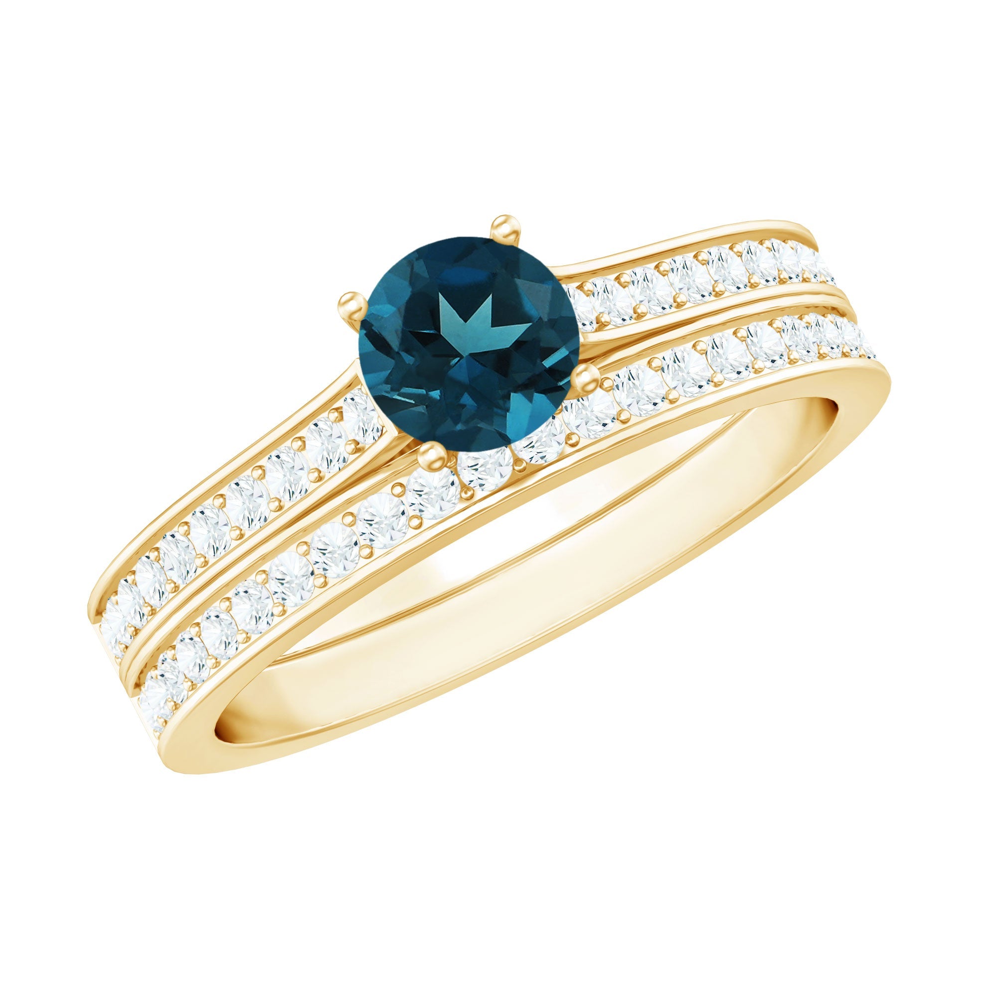 5mm London Blue Topaz Classic Engagement Ring with Diamond Wedding band