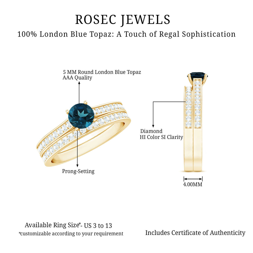 5mm London Blue Topaz Classic Engagement Ring with Diamond Wedding band