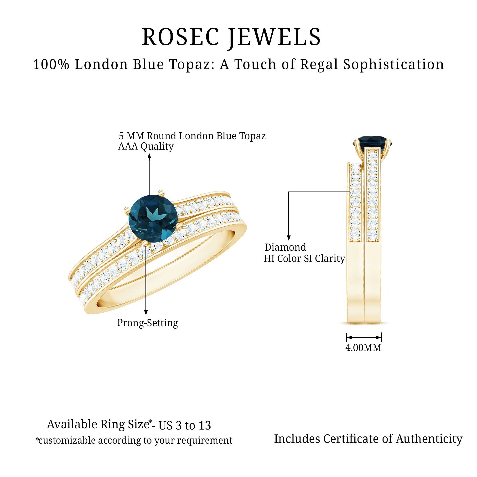 5mm London Blue Topaz Classic Engagement Ring with Diamond Wedding band