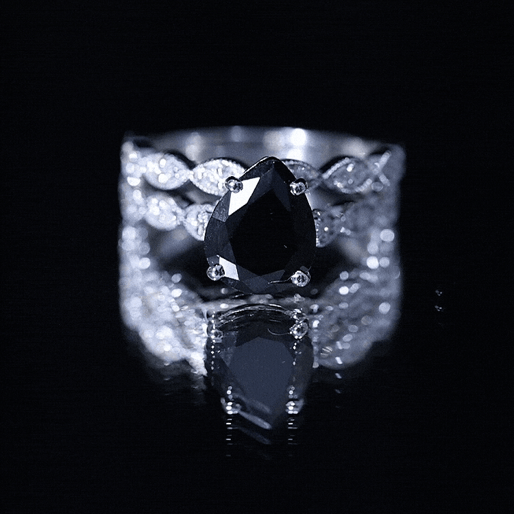 Lab Grown Black Diamond Teardrop Engagement Ring with Moissanite Wedding Band