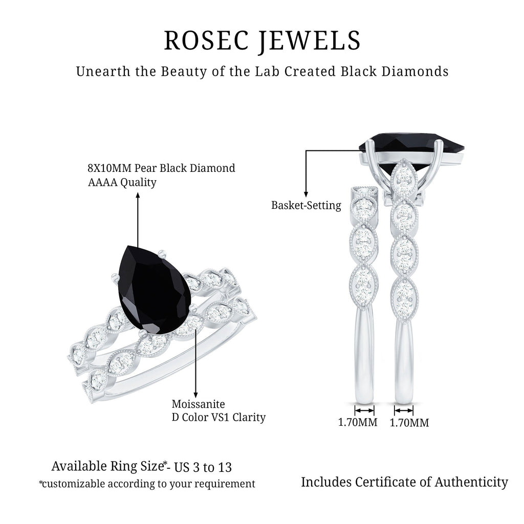 Lab Grown Black Diamond Teardrop Engagement Ring with Moissanite Wedding Band