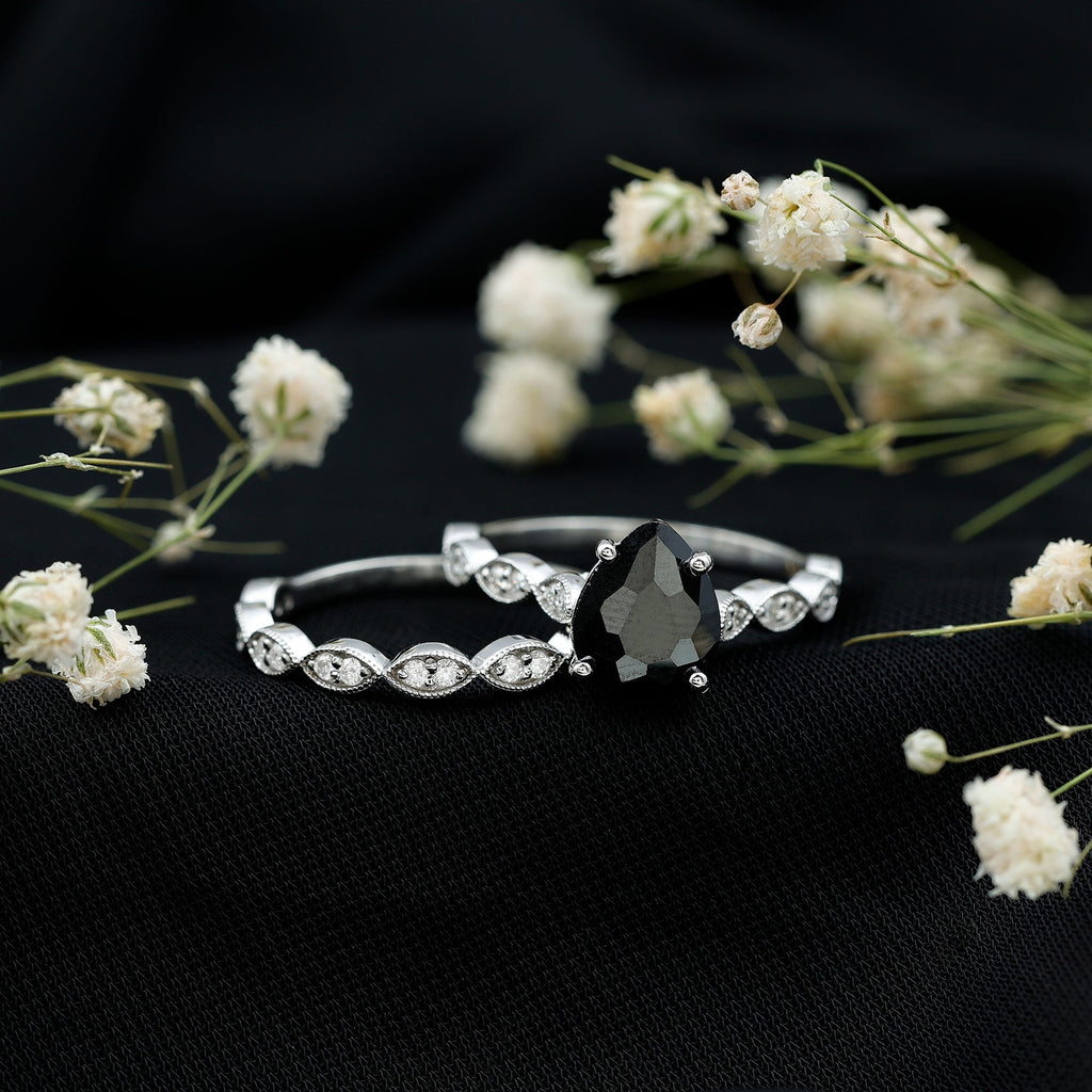 Lab Grown Black Diamond Teardrop Engagement Ring with Moissanite Wedding Band
