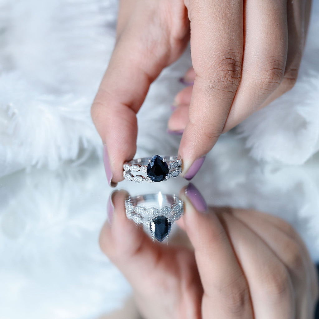Lab Grown Black Diamond Teardrop Engagement Ring with Moissanite Wedding Band