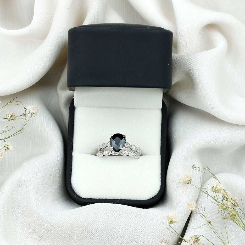 Lab Grown Black Diamond Teardrop Engagement Ring with Moissanite Wedding Band