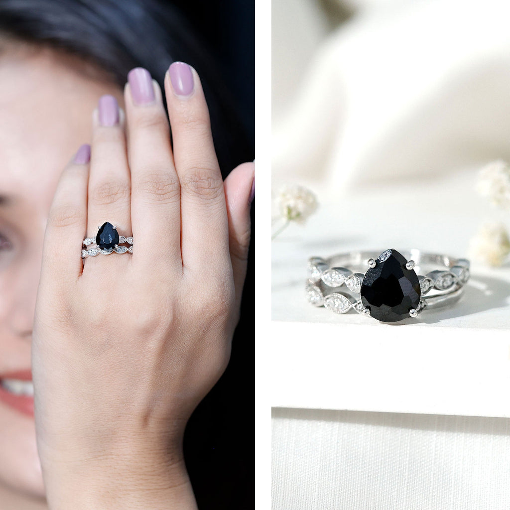Lab Grown Black Diamond Teardrop Engagement Ring with Moissanite Wedding Band