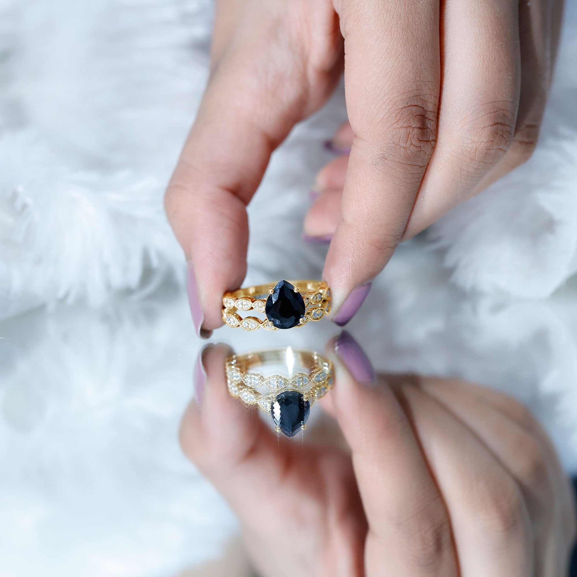 Lab Grown Black Diamond Teardrop Engagement Ring with Moissanite Wedding Band