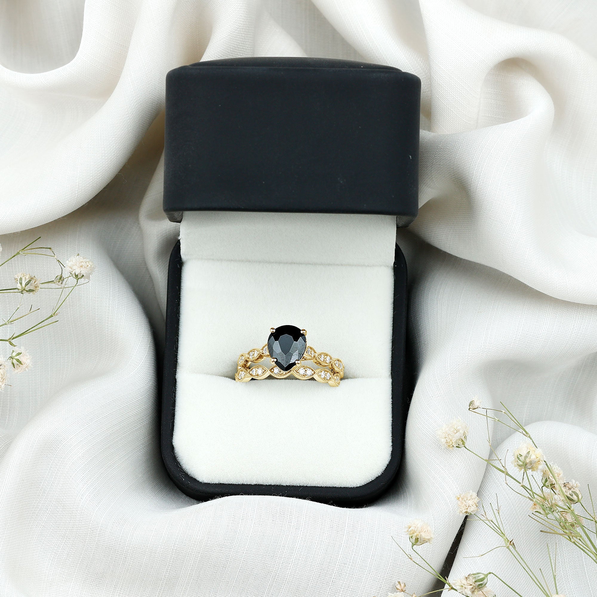 Lab Grown Black Diamond Teardrop Engagement Ring with Moissanite Wedding Band