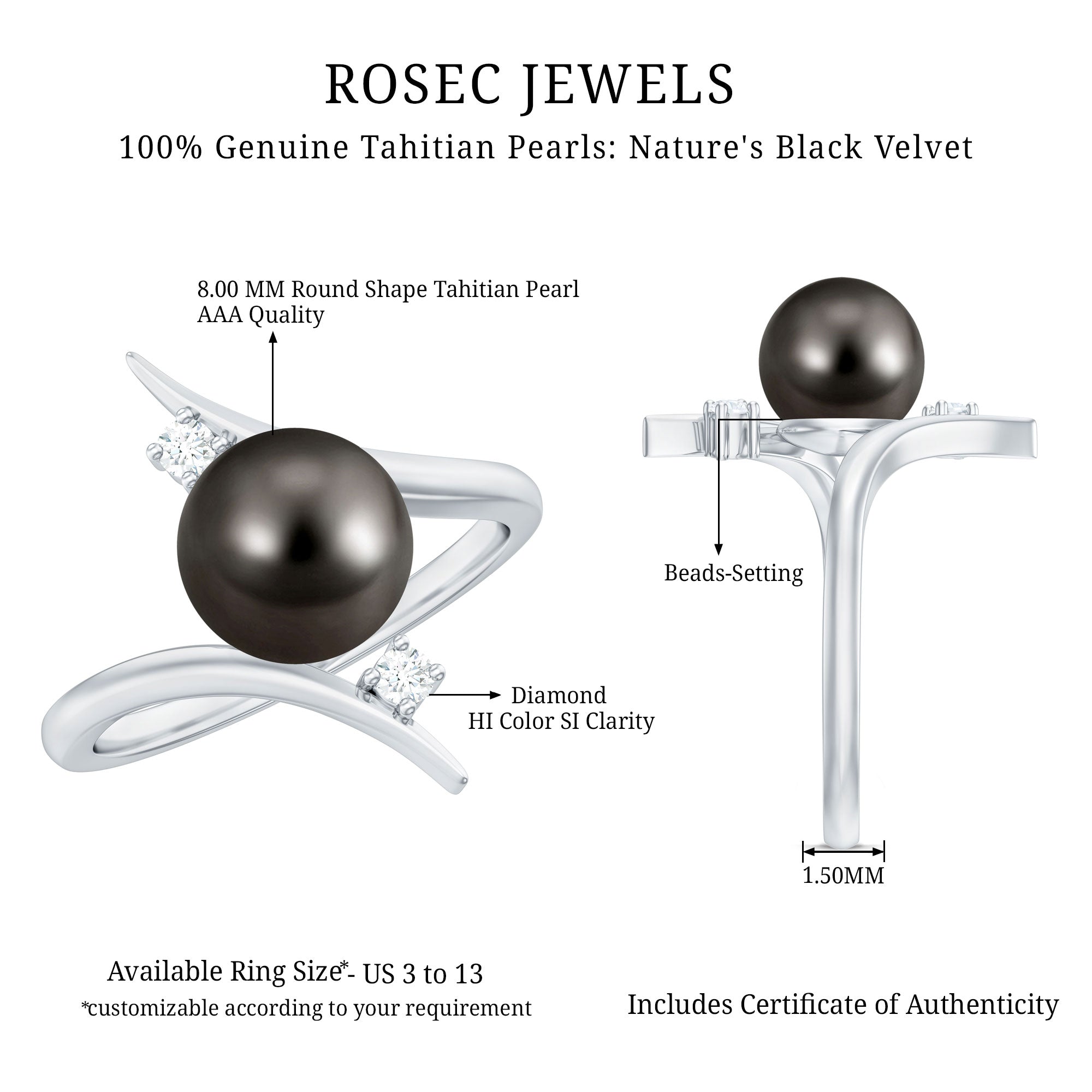 Tahitian Black Pearl Bypass Engagement Ring with Diamond