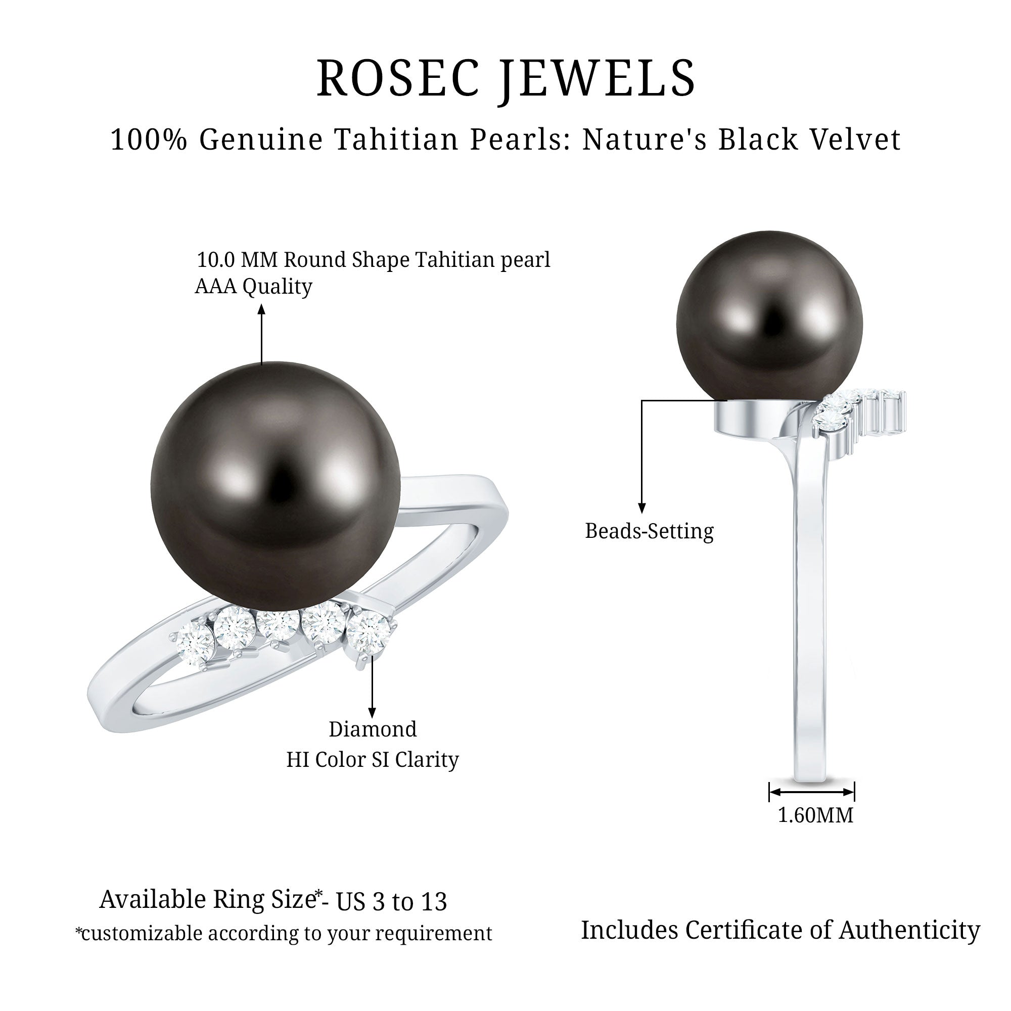 7.75 CT Designer Tahitian Pearl Solitaire Ring with Diamond