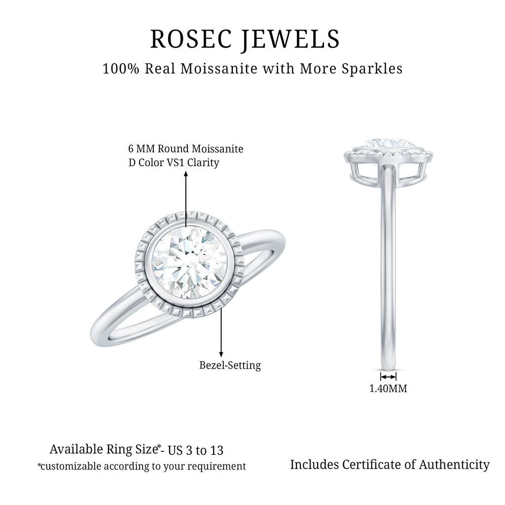 6mm Round Moissanite Solitaire Engagement Ring in Bezel Setting