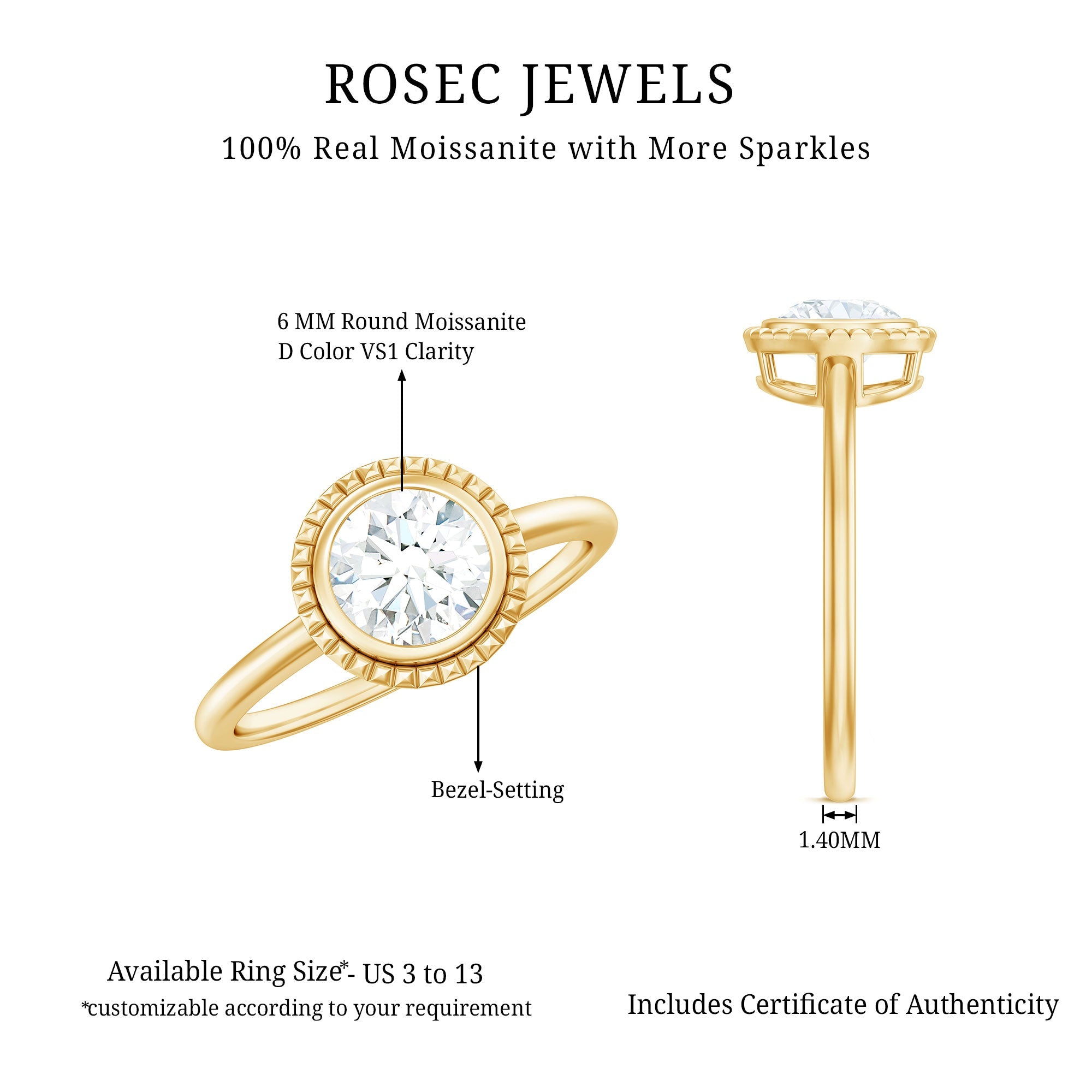 6mm Round Moissanite Solitaire Engagement Ring in Bezel Setting