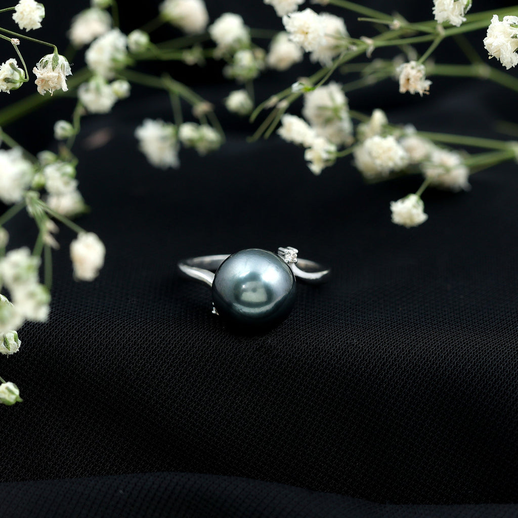 Tahitian Pearl Solitaire Bypass Engagement Ring with Diamond