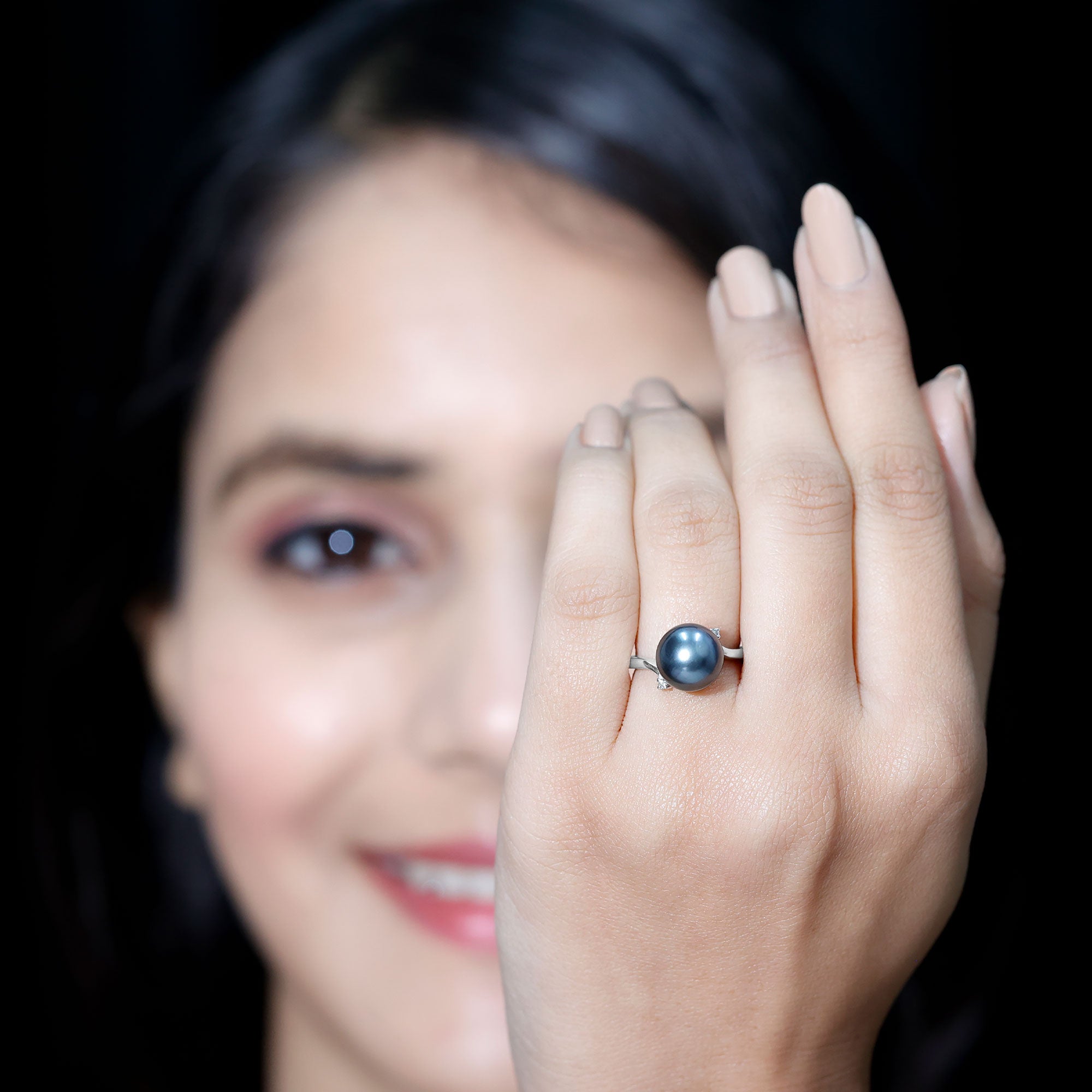 Tahitian Pearl Solitaire Bypass Engagement Ring with Diamond