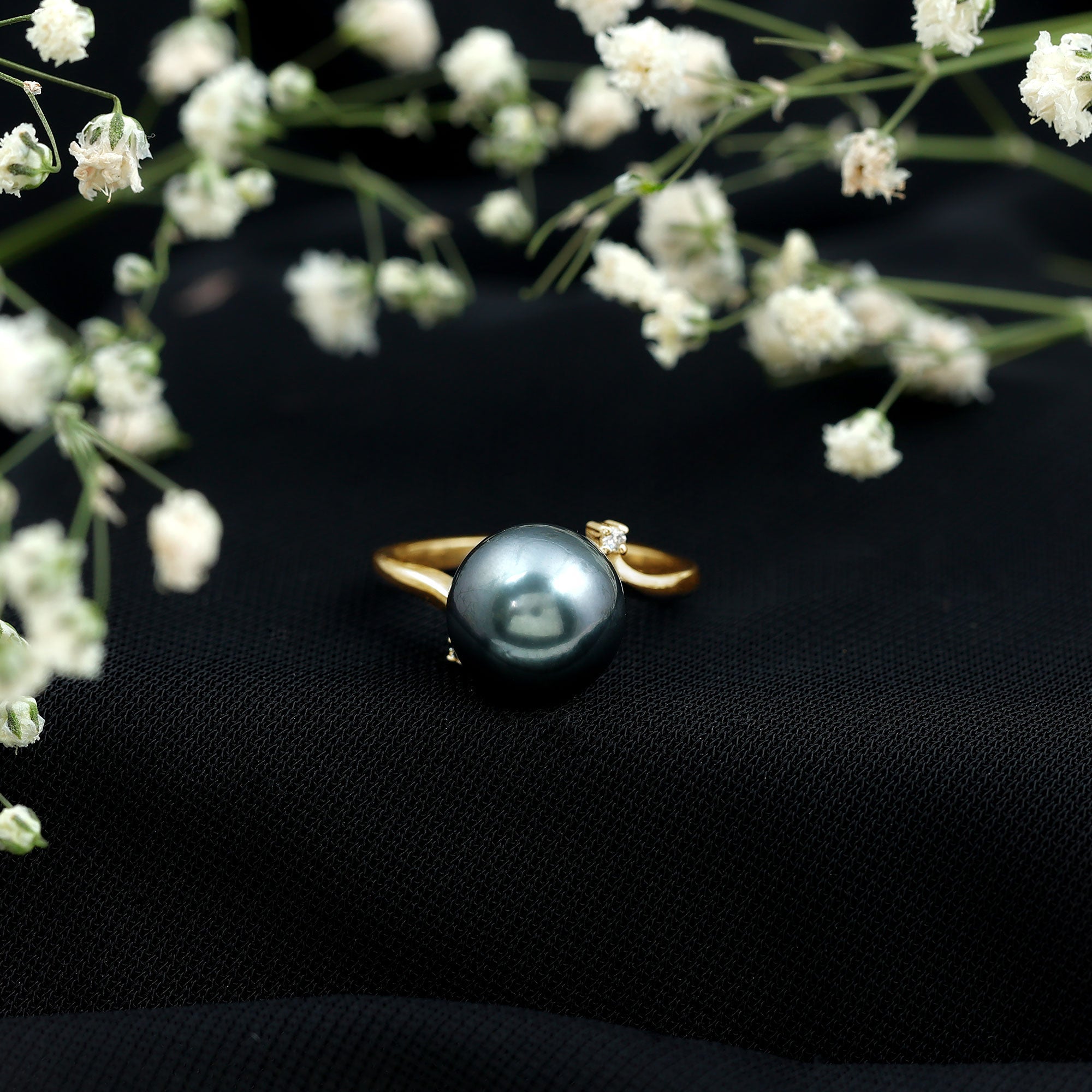 Tahitian Pearl Solitaire Bypass Engagement Ring with Diamond