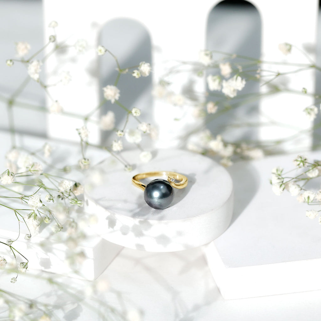 Tahitian Pearl Solitaire Bypass Engagement Ring with Diamond