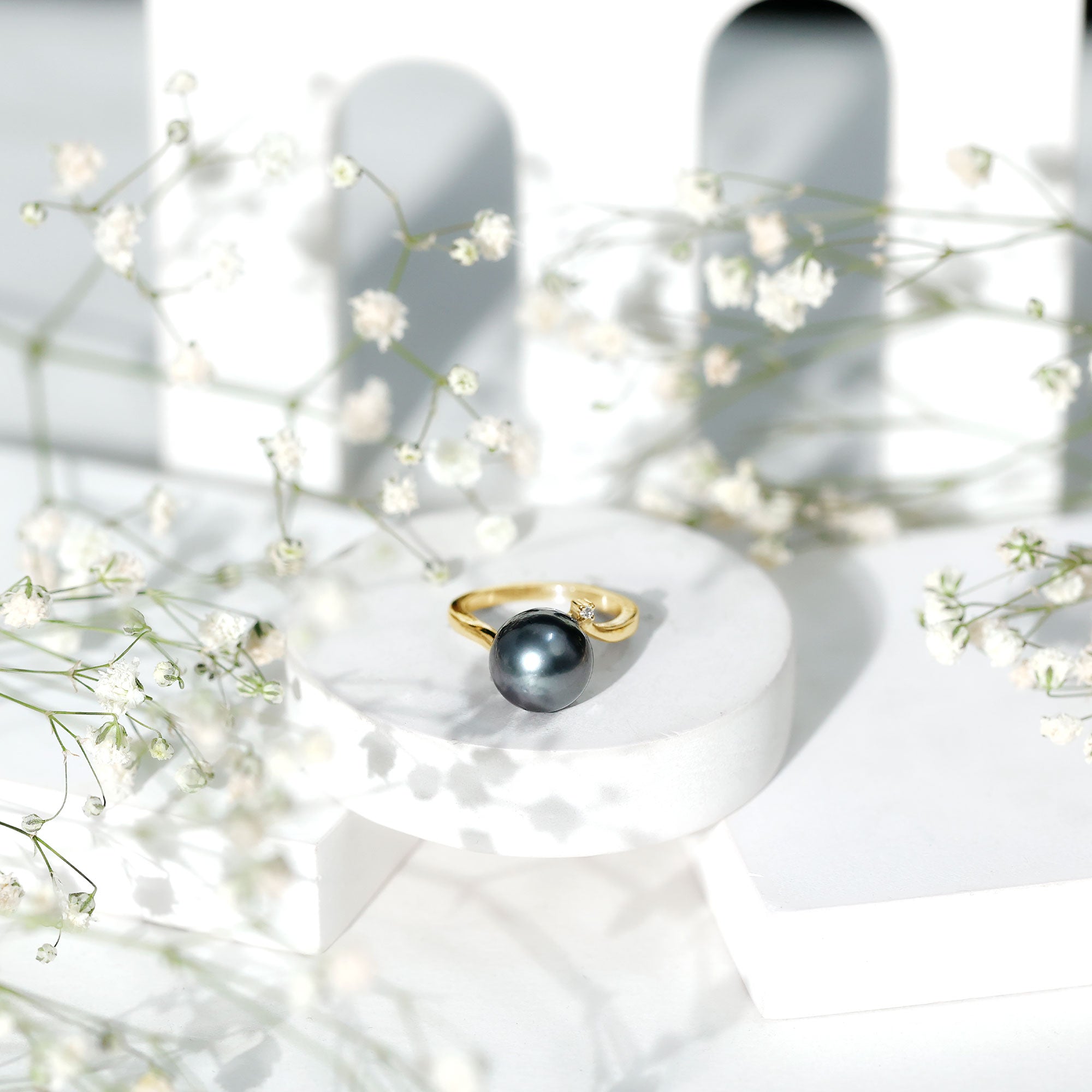 Tahitian Pearl Solitaire Bypass Engagement Ring with Diamond