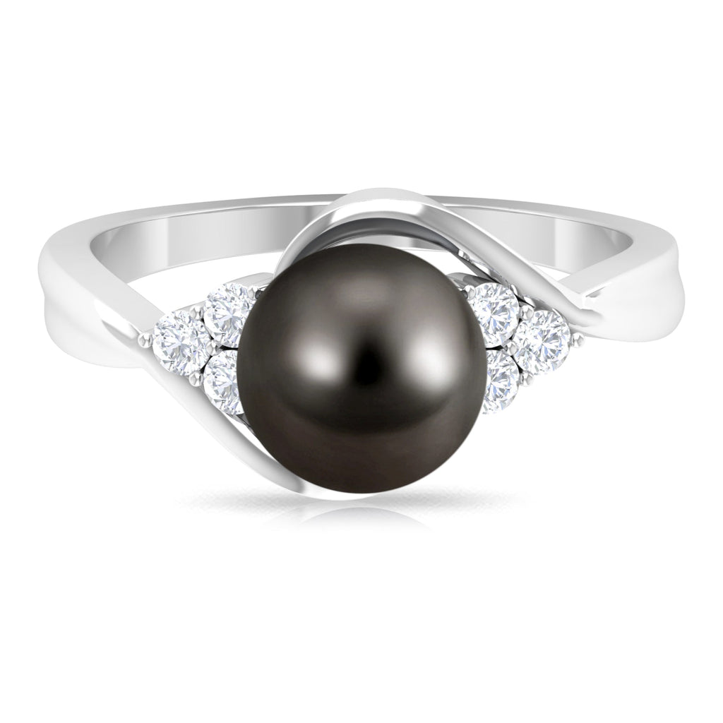 Bypass Tahitian Pearl Engagement Ring with Diamond Trio