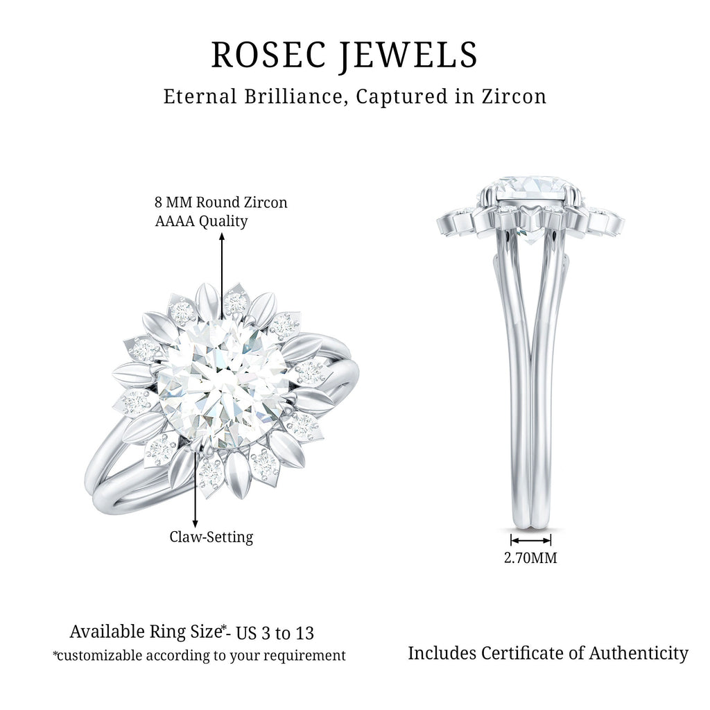 Round Cut Solitaire Zircon Gold Flower Engagement Ring in Split Shank