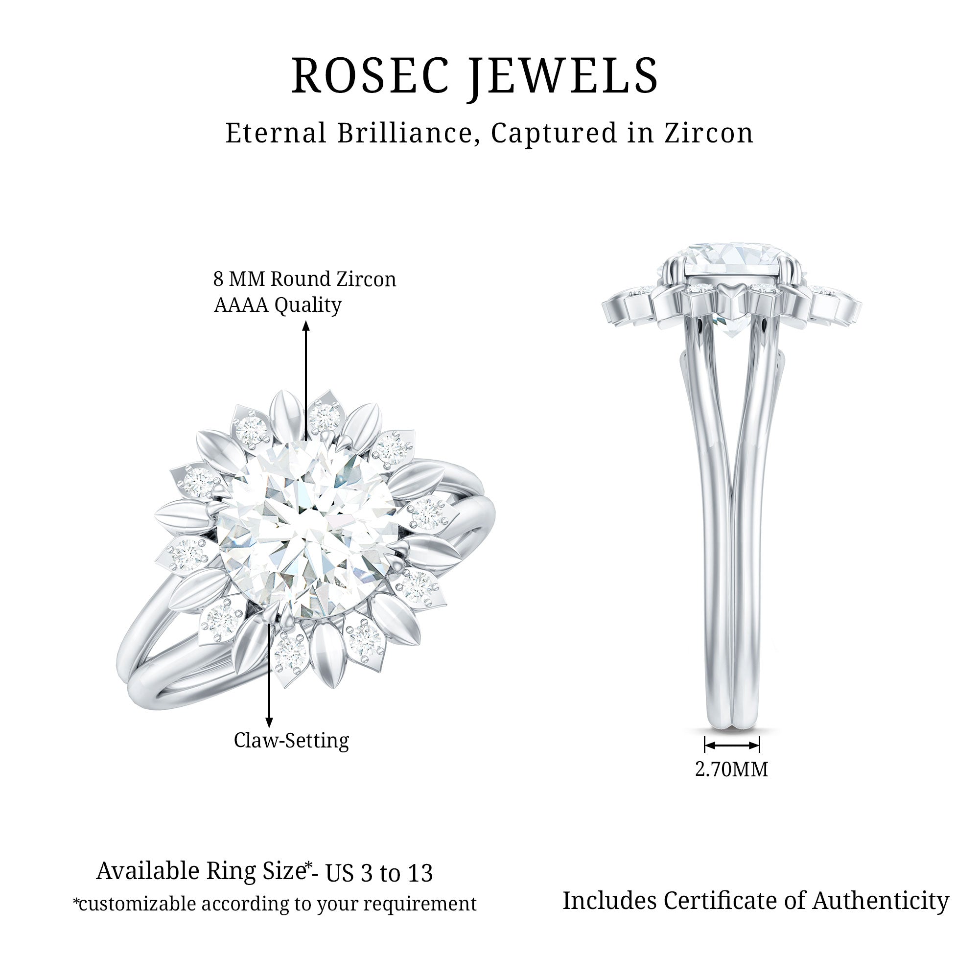 Round Cut Solitaire Zircon Gold Flower Engagement Ring in Split Shank
