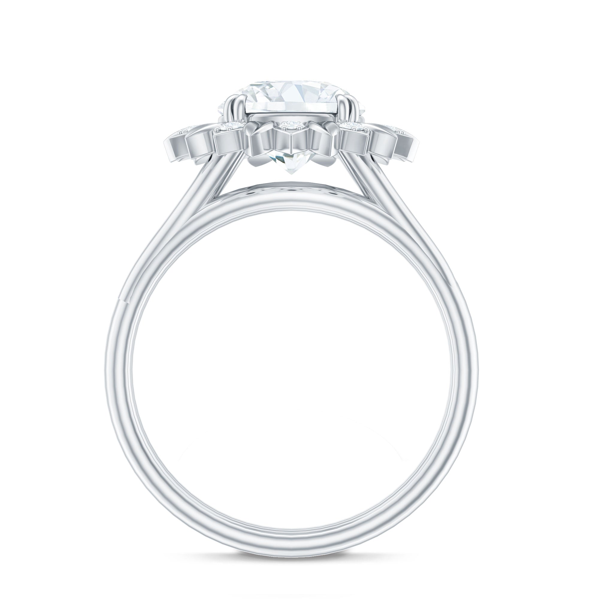 Round Cut Solitaire Zircon Gold Flower Engagement Ring in Split Shank