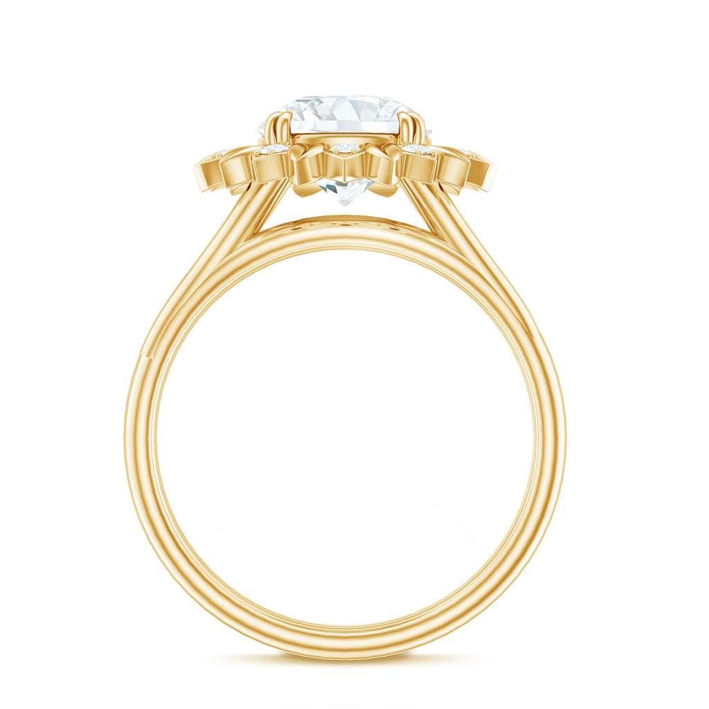 Round Cut Solitaire Zircon Gold Flower Engagement Ring in Split Shank