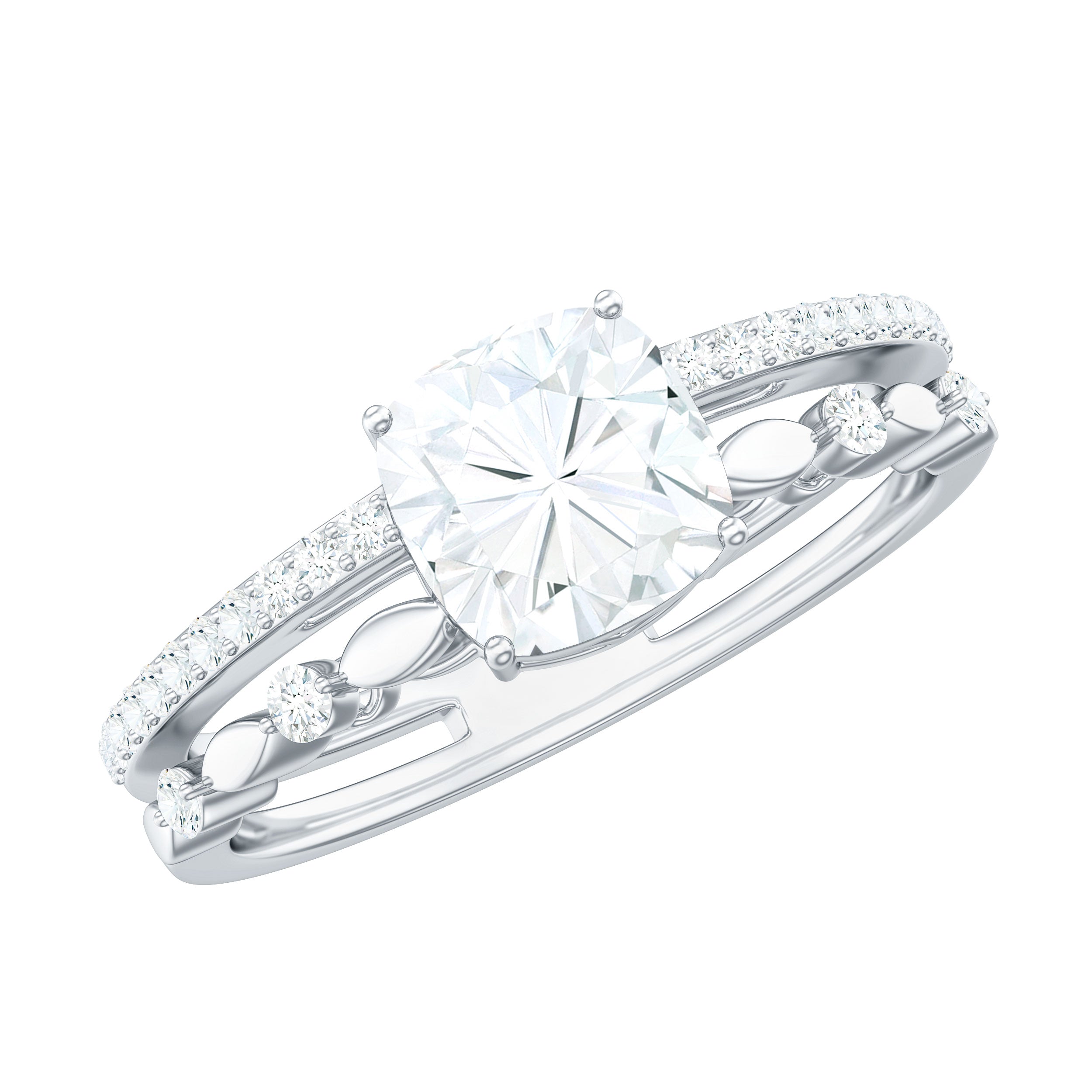 6mm Cushion Cut Moissanite Solitaire Double Band Engagement Ring