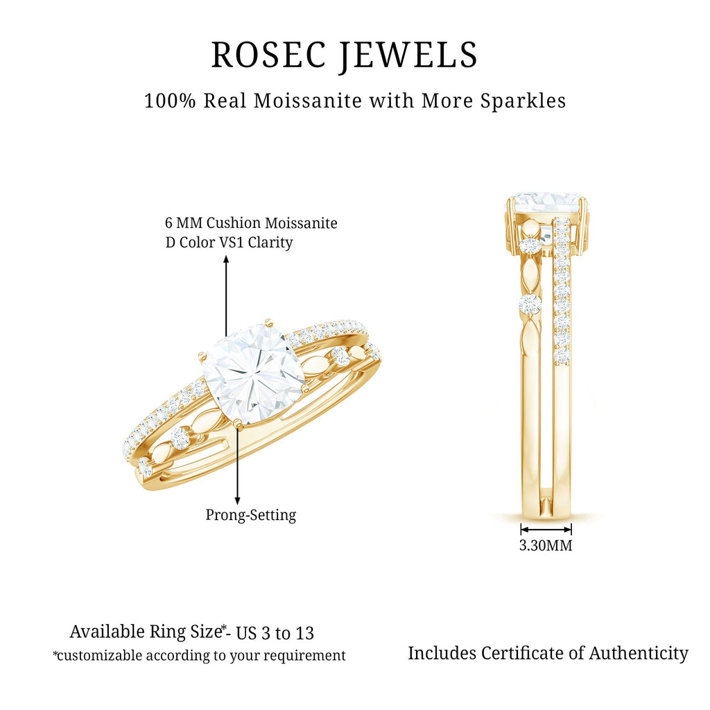 6mm Cushion Cut Moissanite Solitaire Double Band Engagement Ring