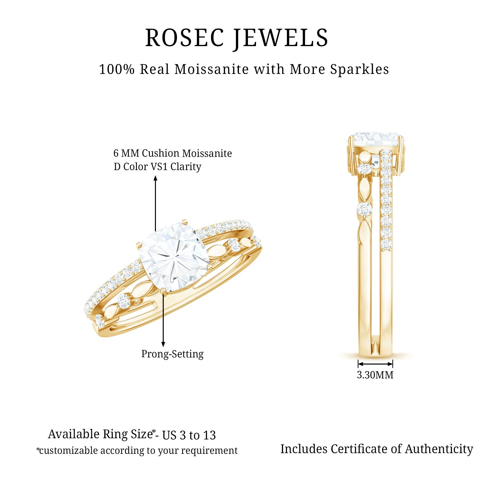 6mm Cushion Cut Moissanite Solitaire Double Band Engagement Ring