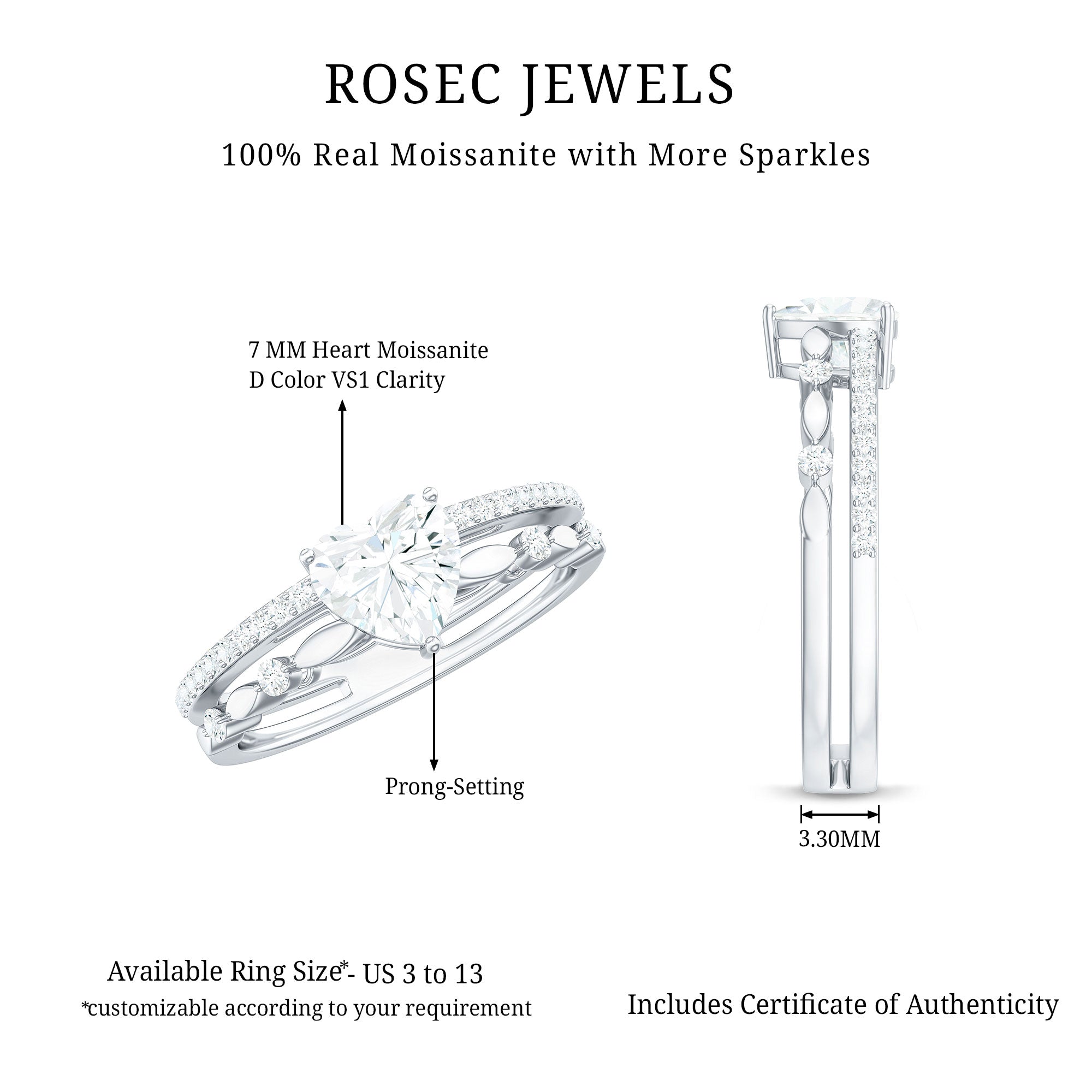 7 mm Heart Moissanite Solitaire Double Band Ring Set