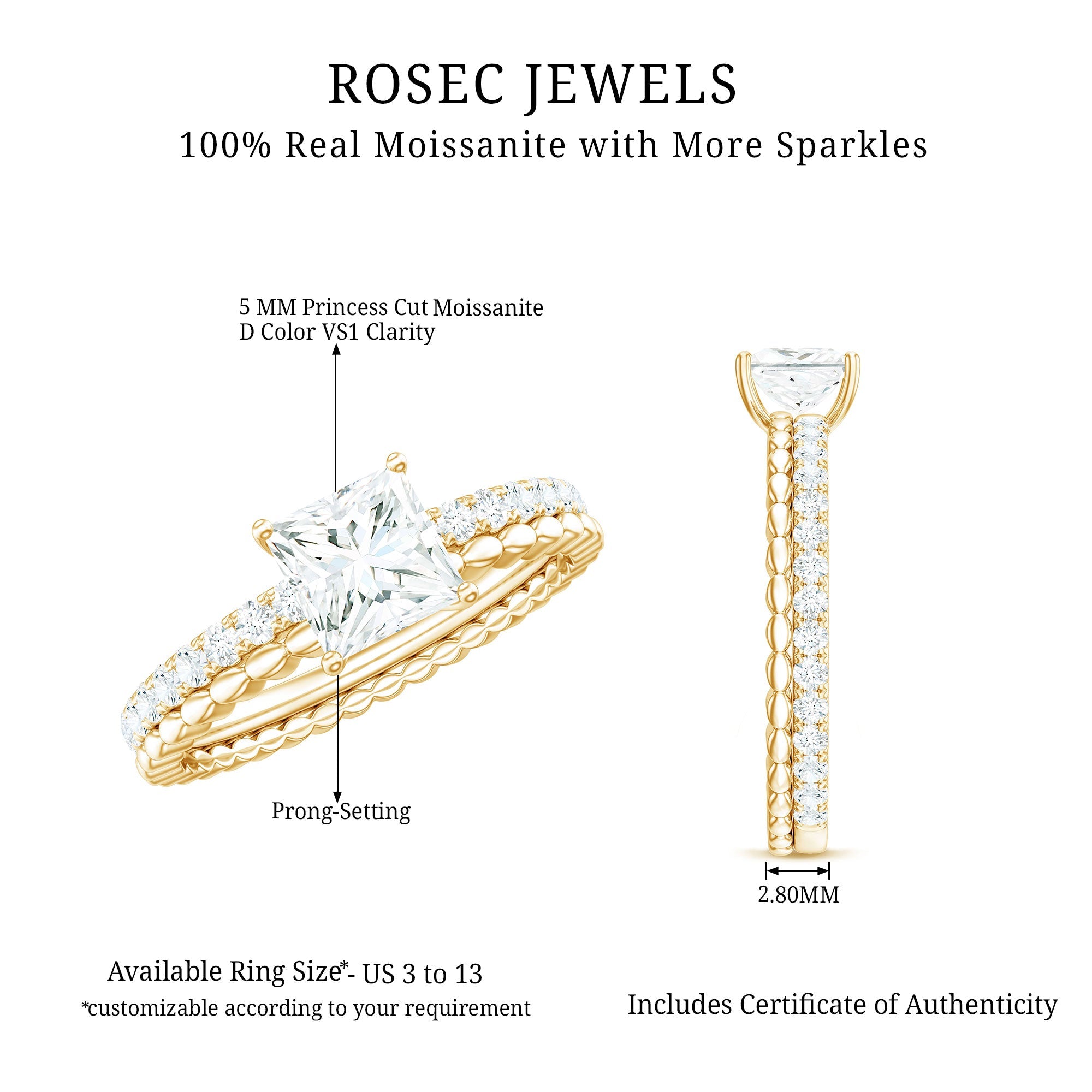 Certified Moissanite Square Cut Engagement Ring For Women
