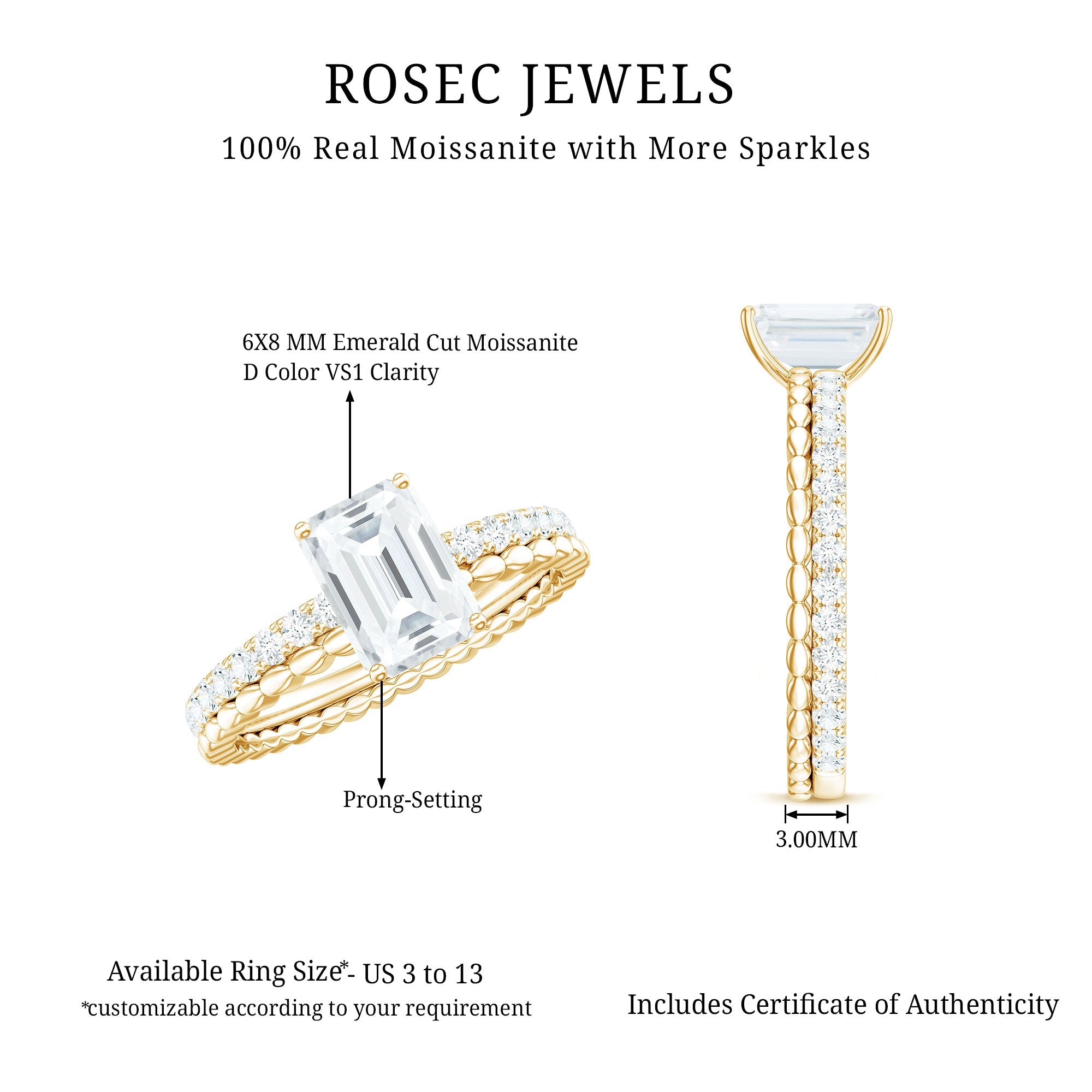 Certified 6X8mm Emerald Cut Moissanite Solitaire Engagement Ring