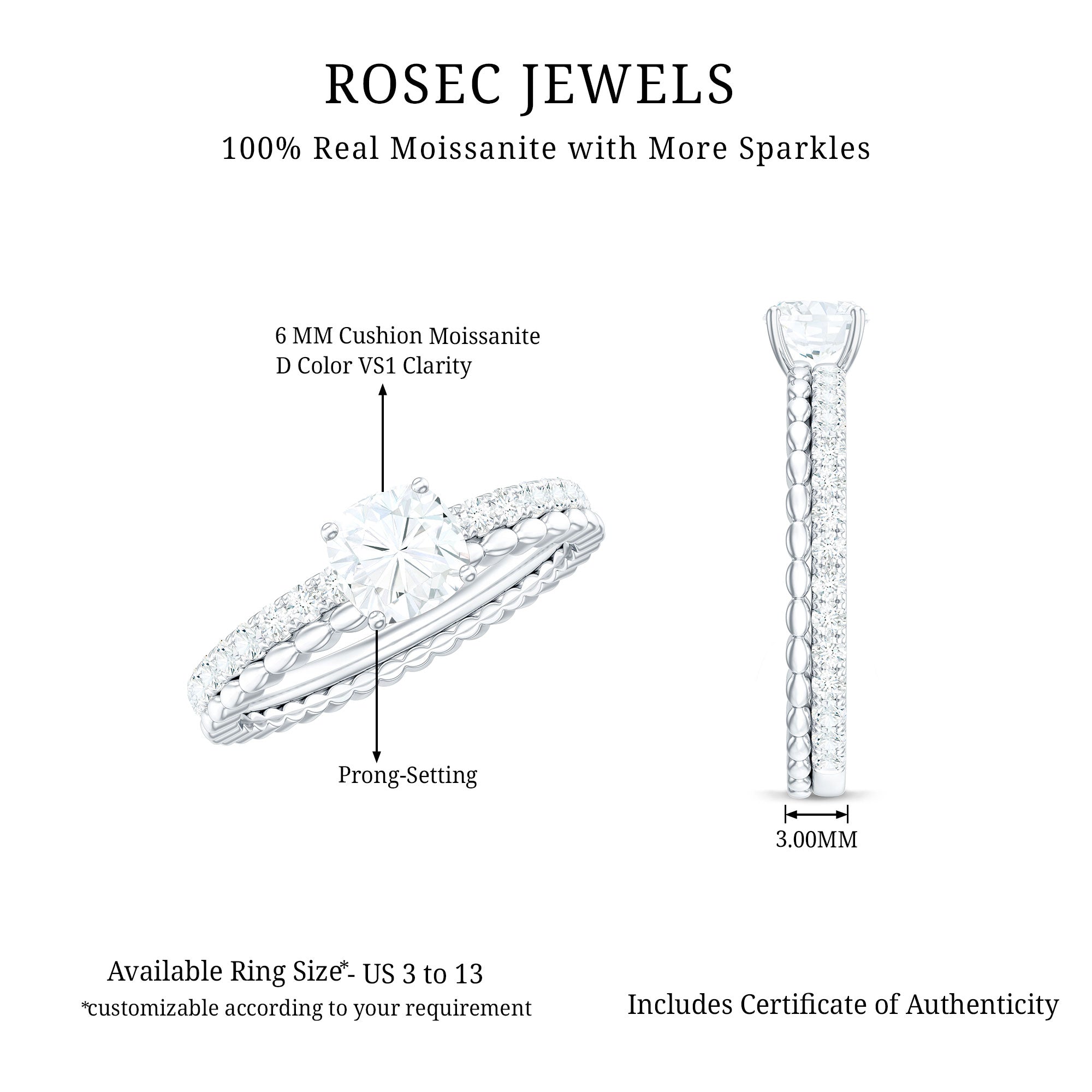 6mm Certified Cushion Cut Moissanite Solitaire Engagement Ring