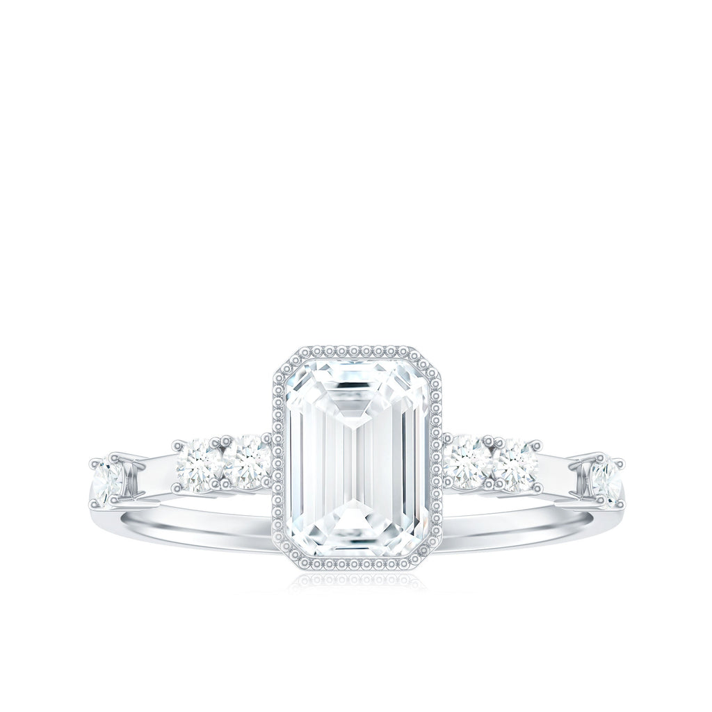 Womens Moissanite 6X8 mm Emerald Cut Engagement Ring in Bezel Setting