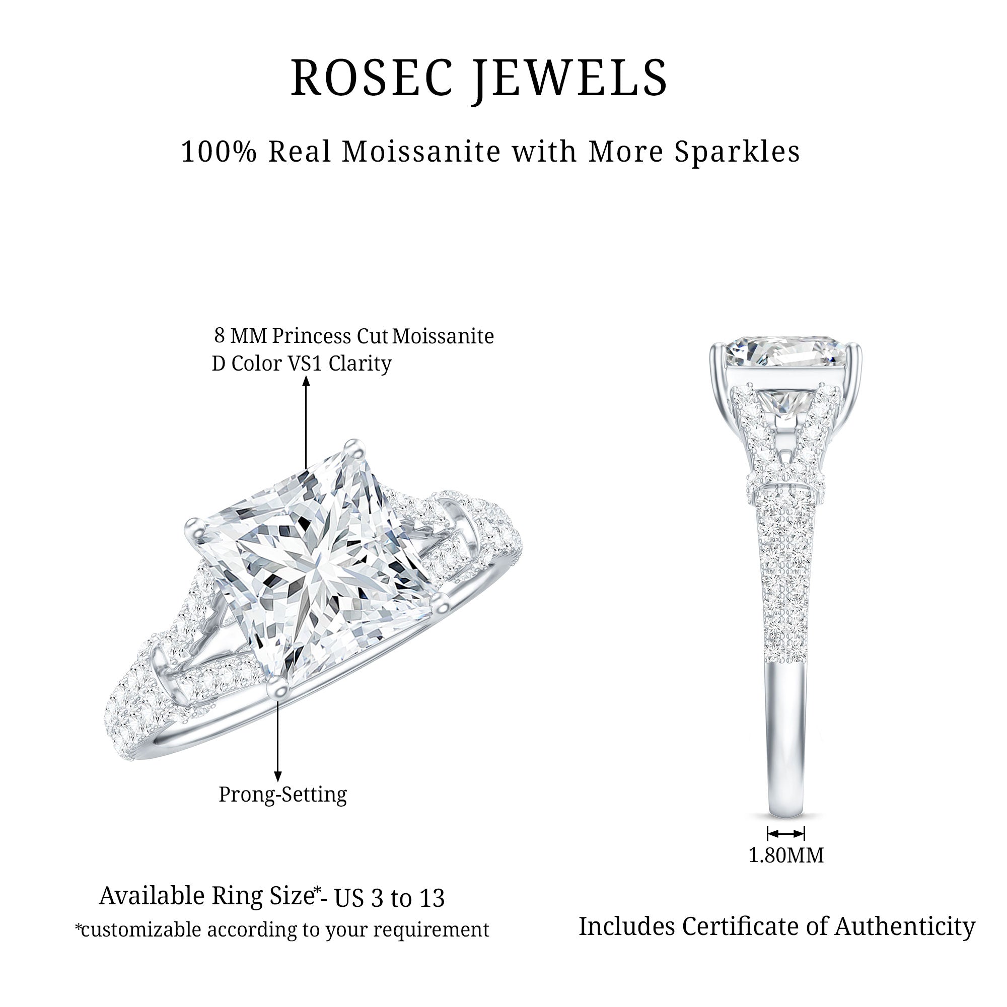Princess Cut Moissanite Solitaire Engagement Ring in Split Shank
