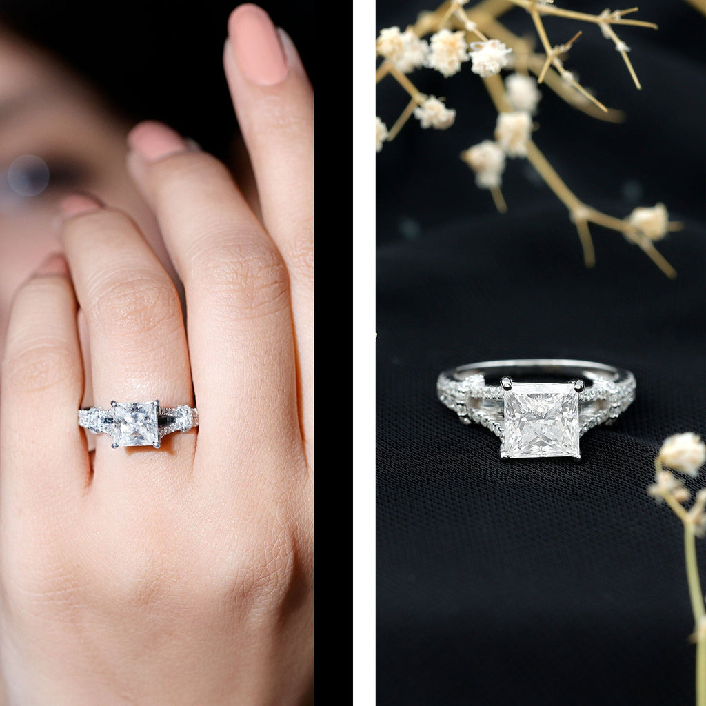Princess Cut Moissanite Solitaire Engagement Ring in Split Shank
