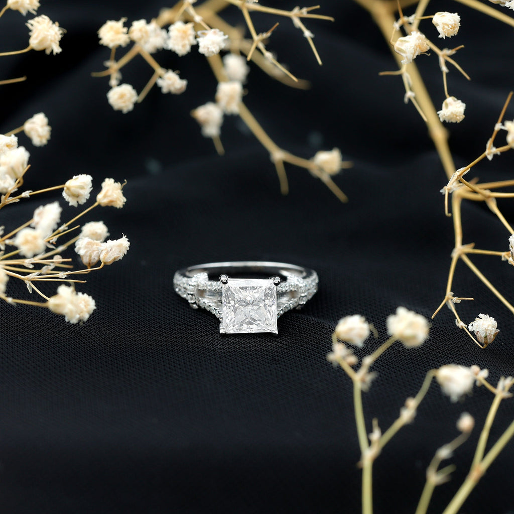 Princess Cut Moissanite Solitaire Engagement Ring in Split Shank