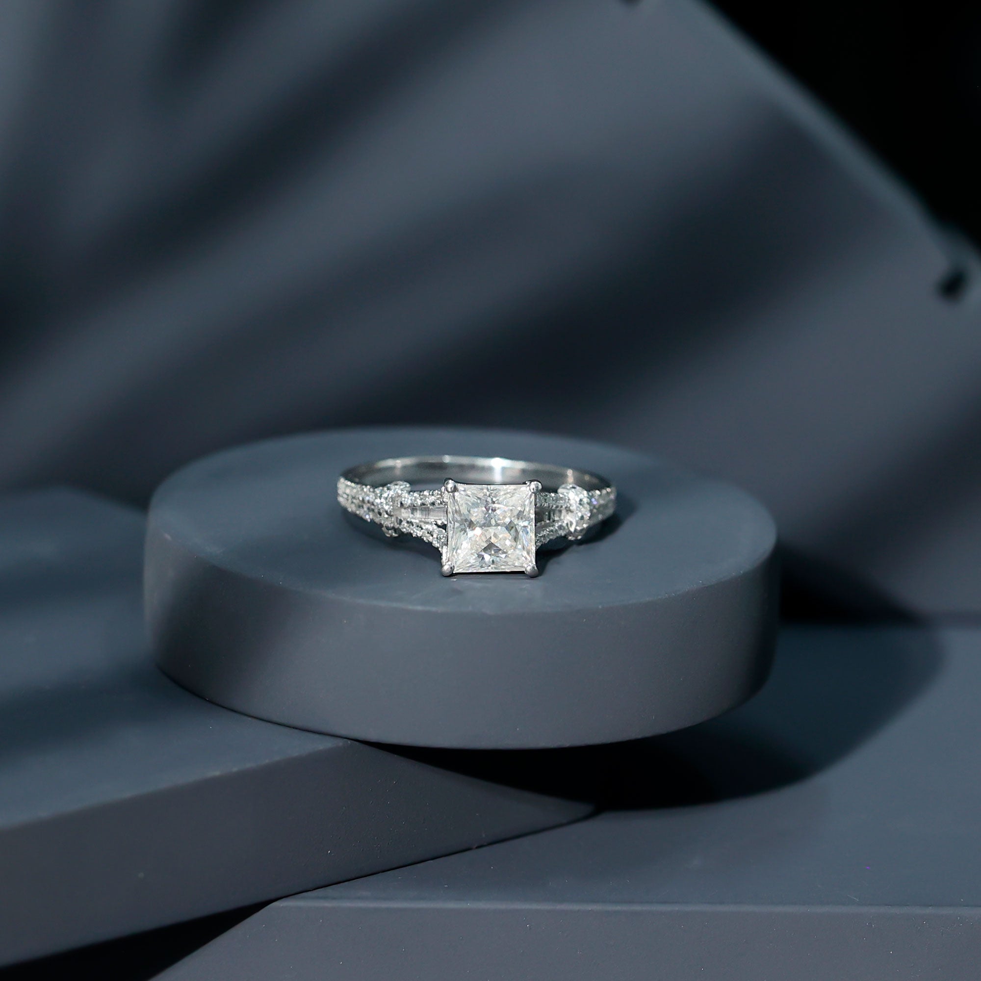 Princess Cut Moissanite Solitaire Engagement Ring in Split Shank