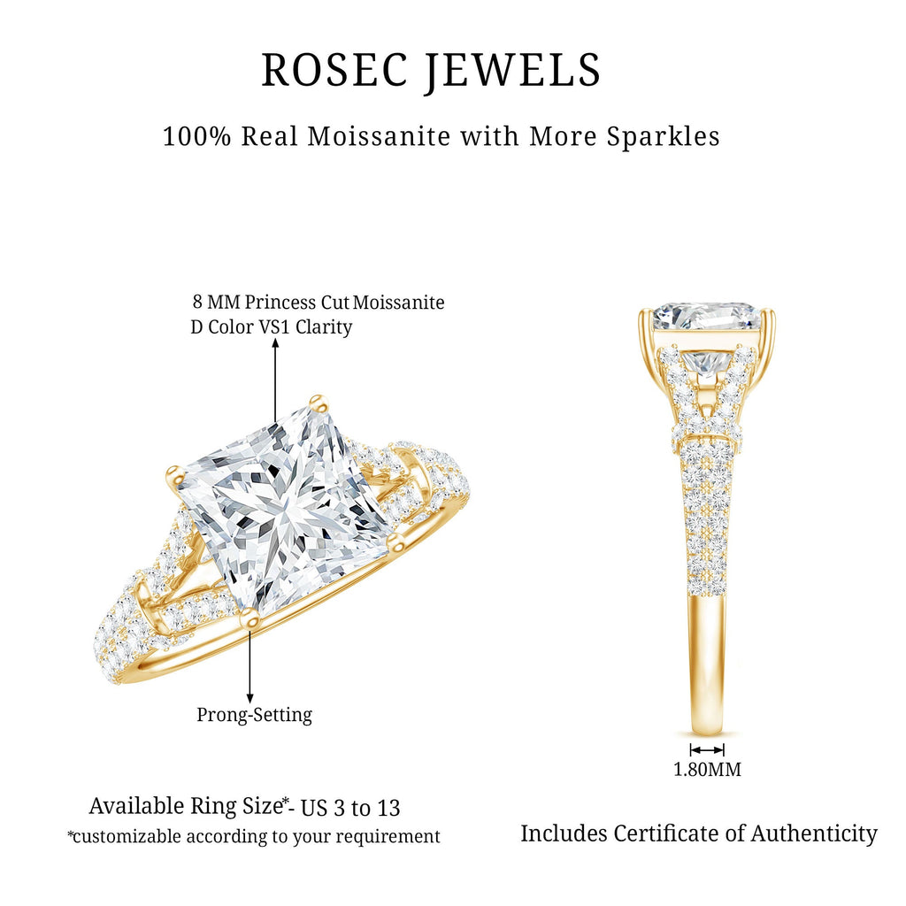 Princess Cut Moissanite Solitaire Engagement Ring in Split Shank