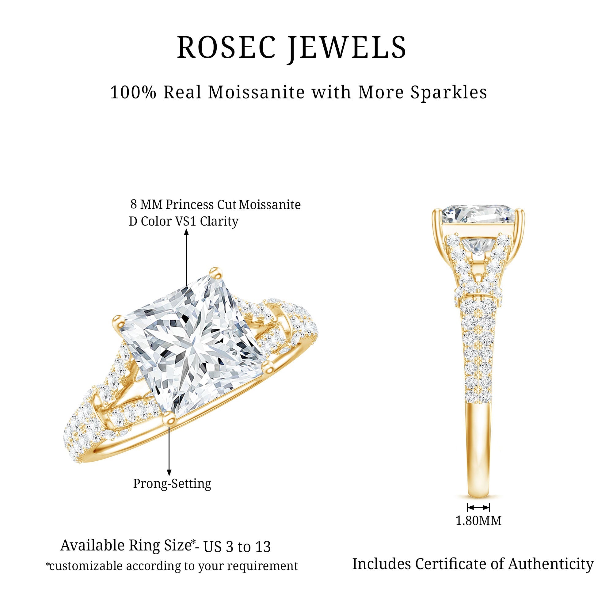 Princess Cut Moissanite Solitaire Engagement Ring in Split Shank