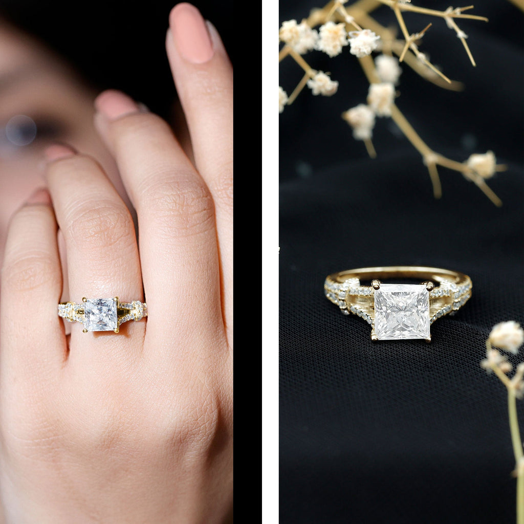 Princess Cut Moissanite Solitaire Engagement Ring in Split Shank