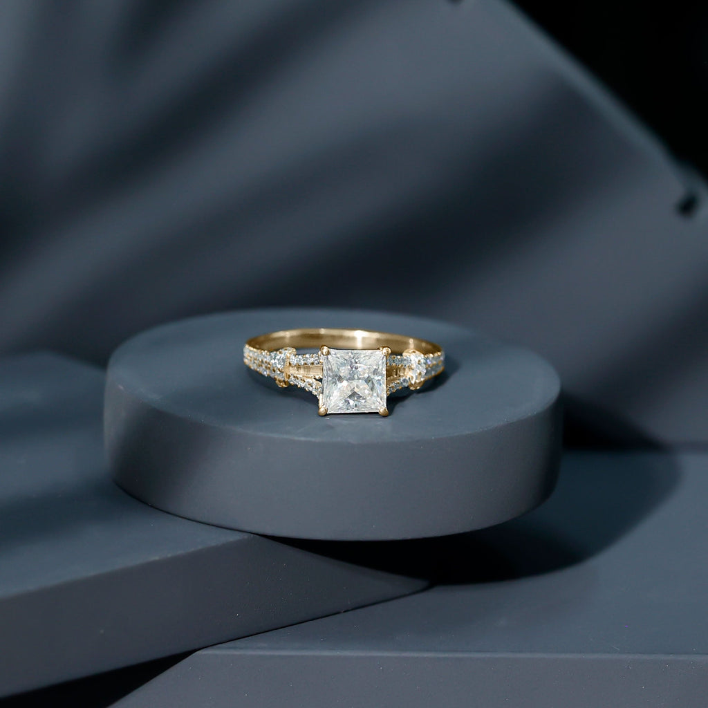 Princess Cut Moissanite Solitaire Engagement Ring in Split Shank