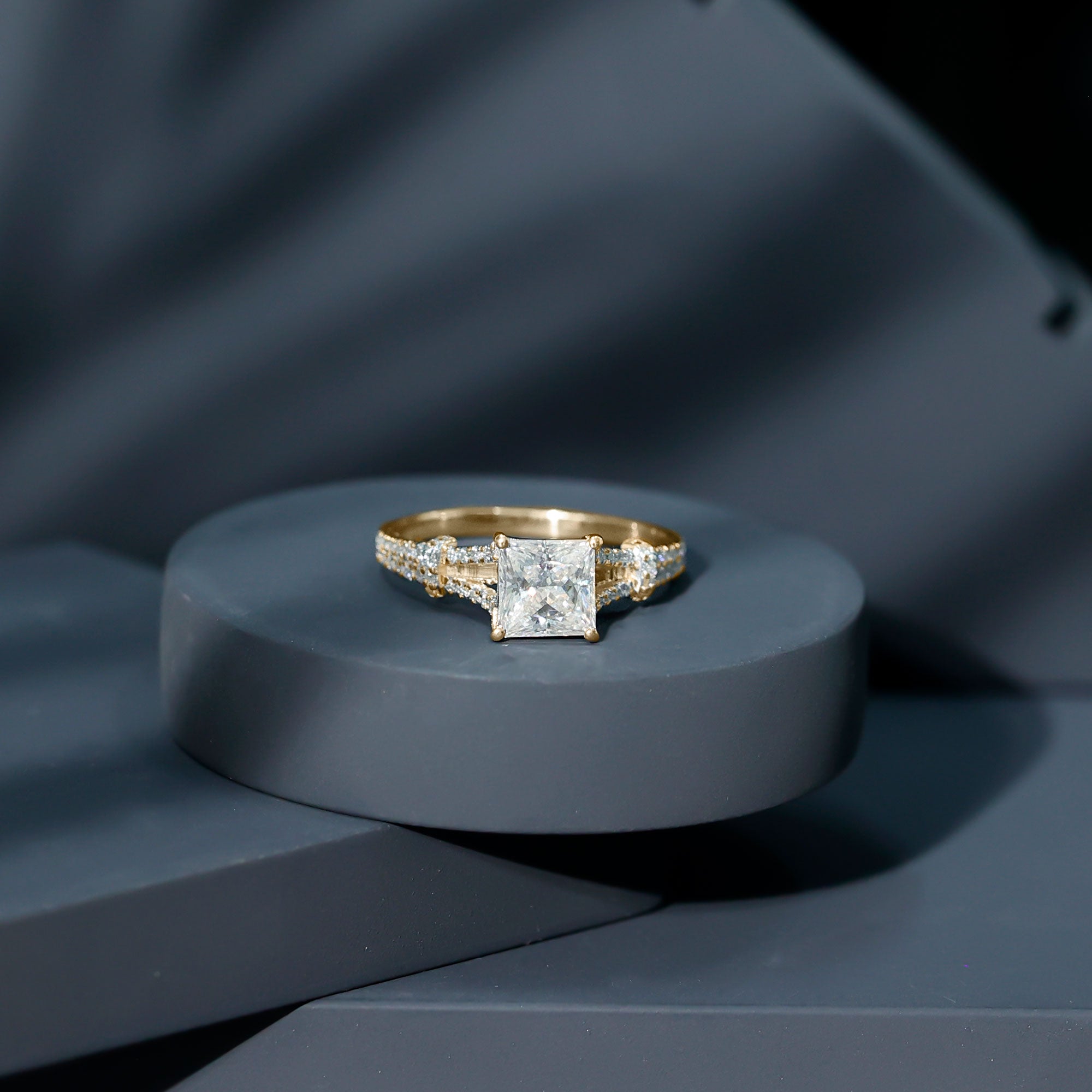 Princess Cut Moissanite Solitaire Engagement Ring in Split Shank