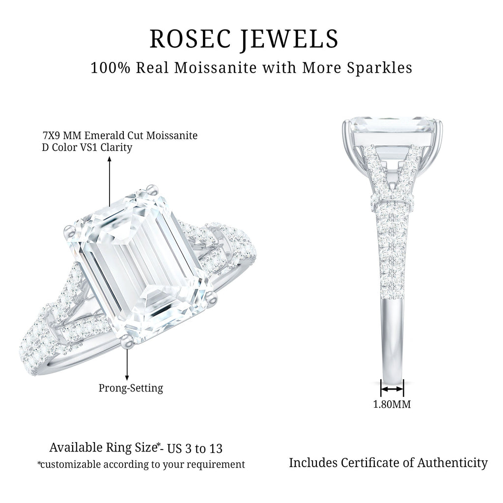 7x9 MM Emerald Cut Moissanite Split Shank Engagement Ring for Women