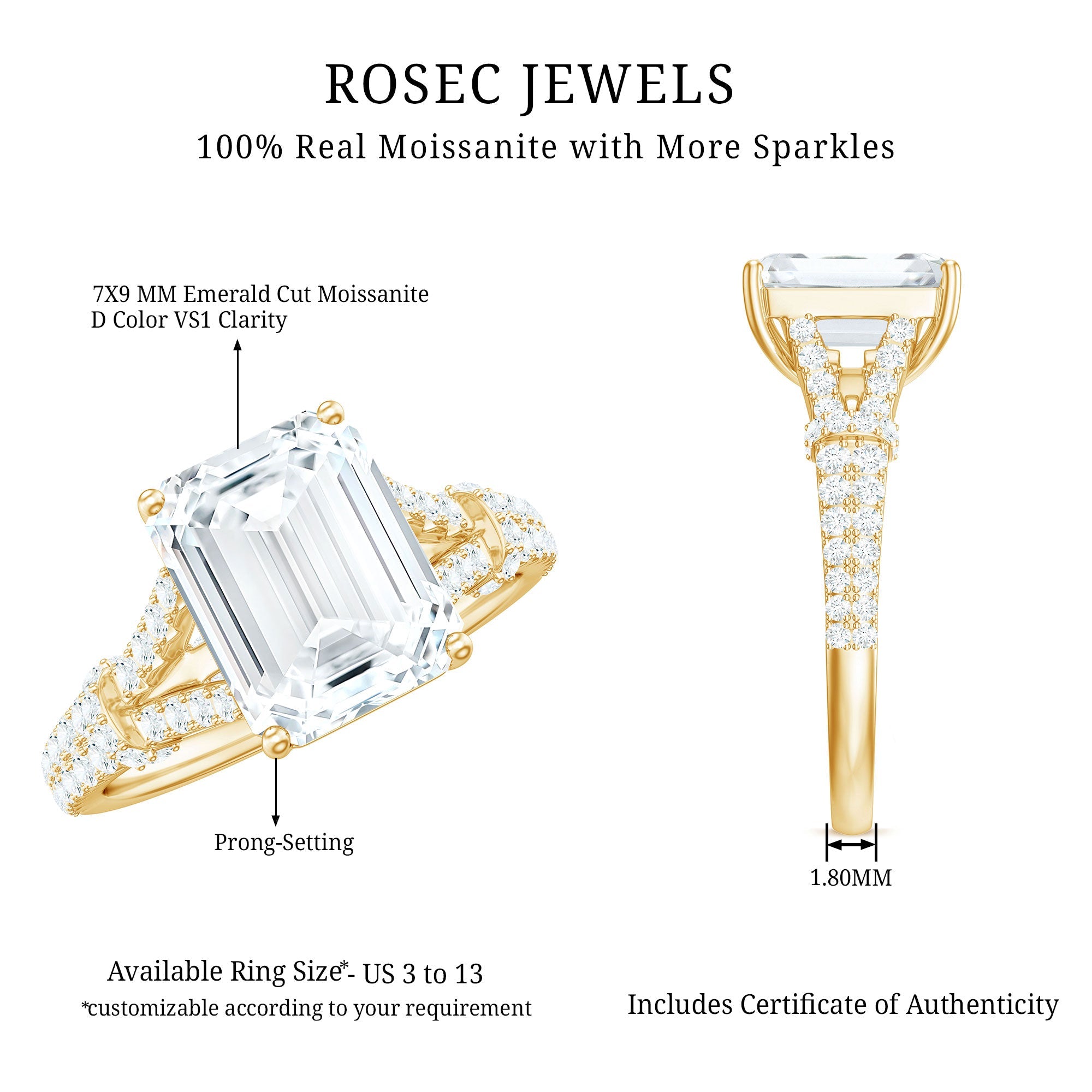 7x9 MM Emerald Cut Moissanite Split Shank Engagement Ring for Women