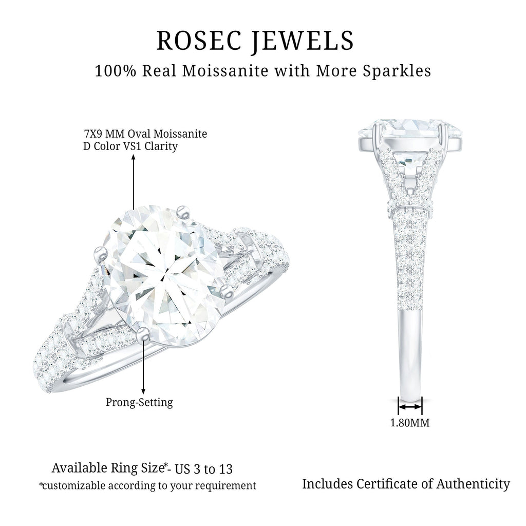 7X9 mm Oval Cut Moissanite Statement Engagement Ring with Split Shank