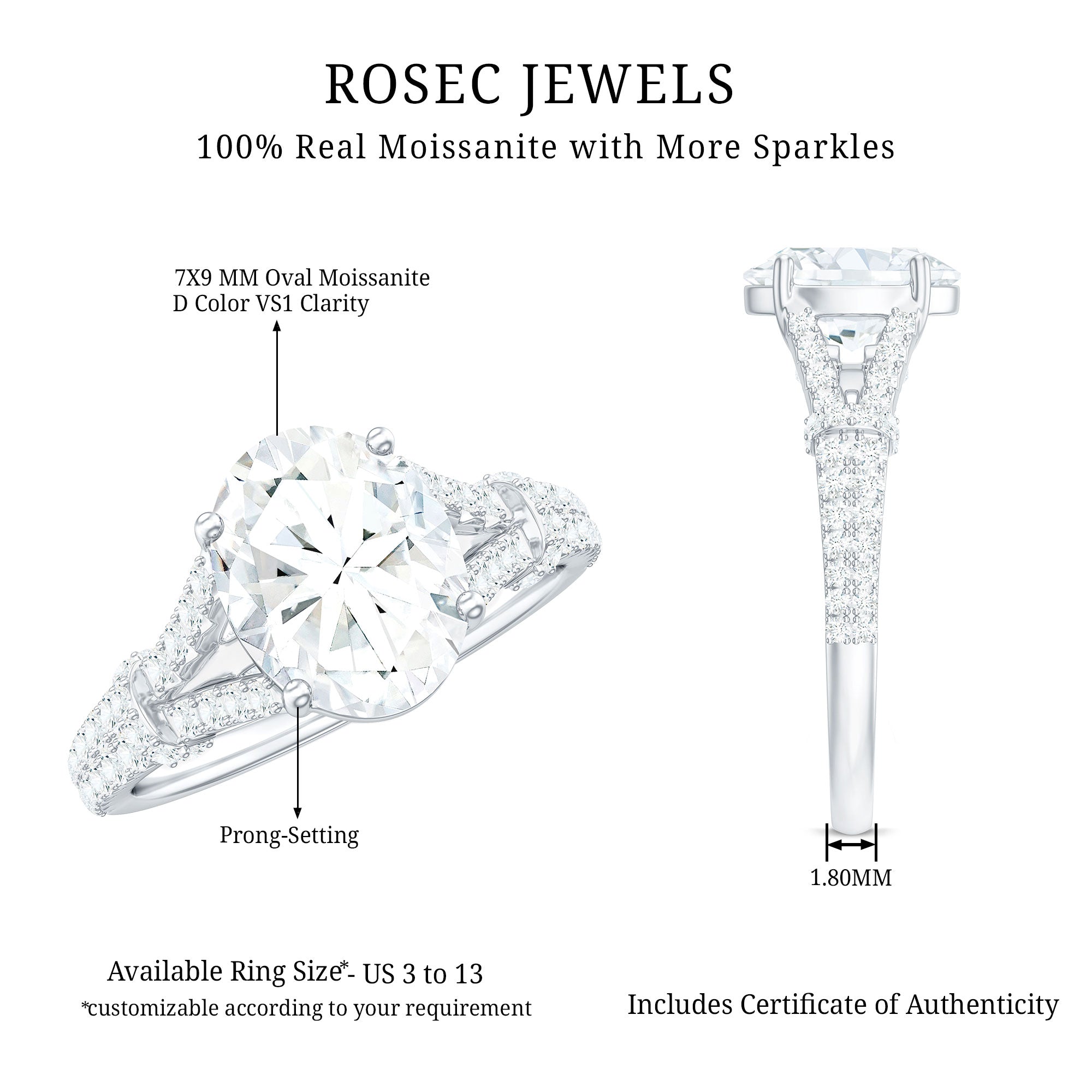 7X9 mm Oval Cut Moissanite Statement Engagement Ring with Split Shank