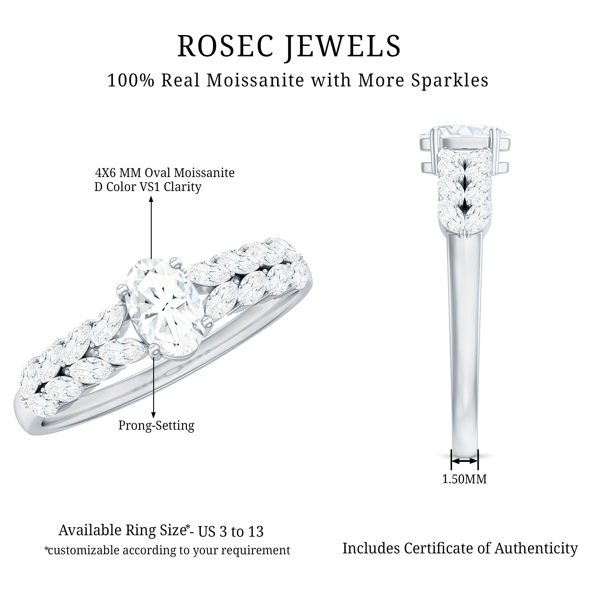 4x6mm Oval Cut Certified Moissanite Engagement Split Shank Ring