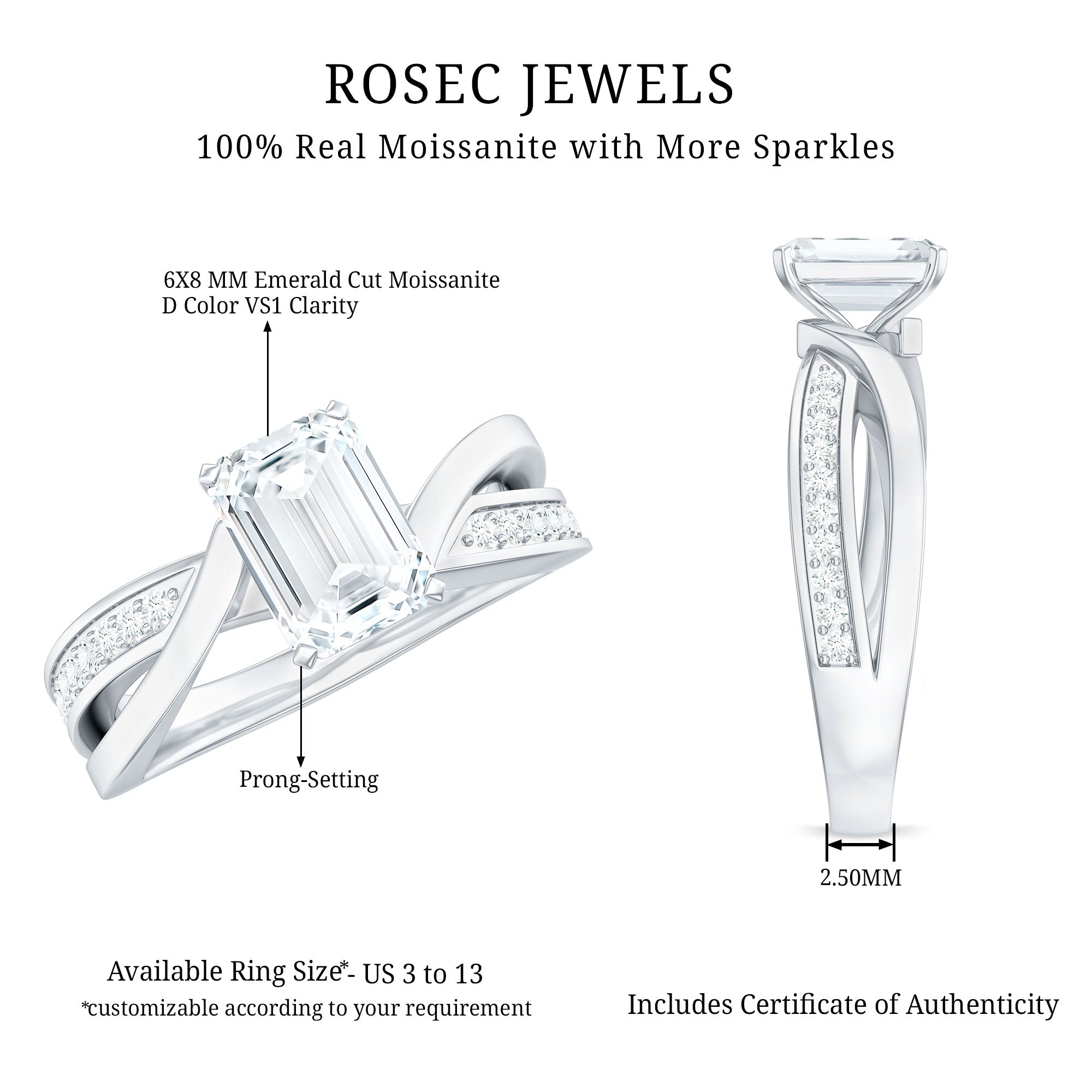 6X8mm Emerald Cut Moissanite Infinity Engagement Ring